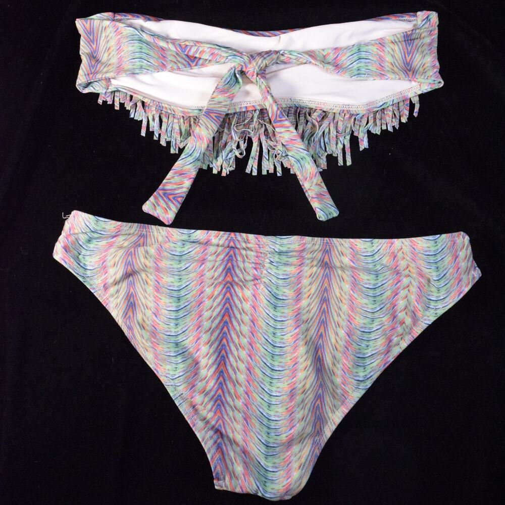L*Space Rainbow Pink Aqua Ombre Stripe Fringed Bandeau Bikini Sz L Swimsuit - Picture 3 of 5